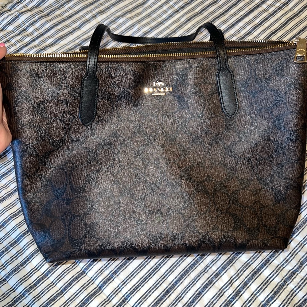 Coach Brown and Black Coated Canvas Tote